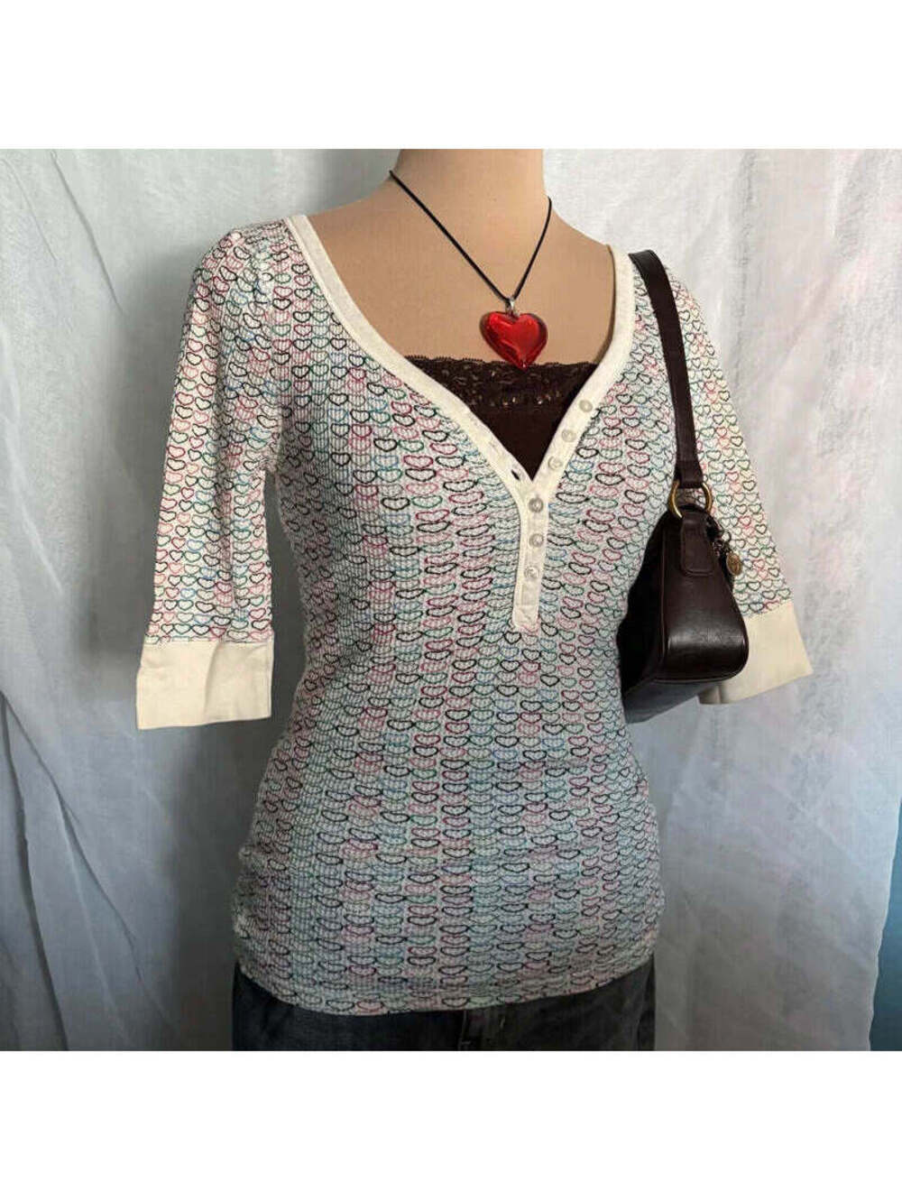 vintage y2k preppy cream fitted henley top
